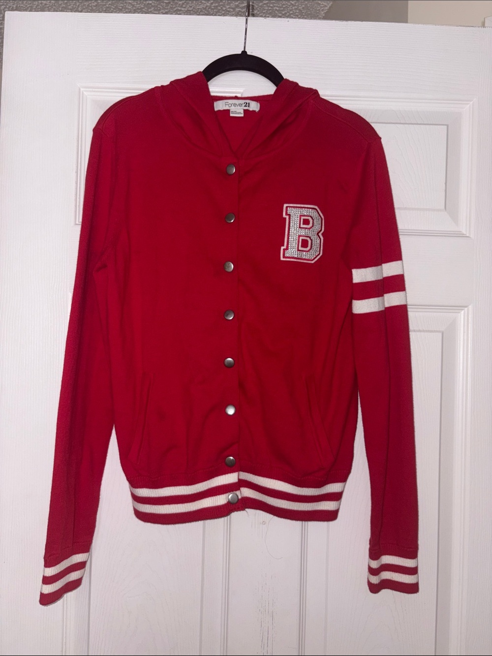 Forever 21 Red Hooded Varsity Cardigan with White Stripe Accents